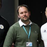 Titus Bramble and Simon Milton of Futurestars with Lee Mandley, head of sport at Suffolk New College  Picture: GEORGIA GODDARD