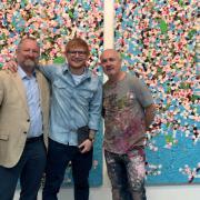 John Sheeran, Ed Sheeran and Damien Hirst at Damien Hirst\'s studio and home in Gloucestershire