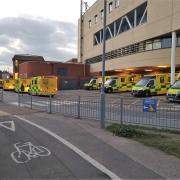 Ambulances queuing outside the Garrett Anderson centre at Ipswich Hospital.