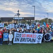 Crowds gather for a national protest against nuclear weapons at RAF Lakenheath in Woodbridge