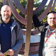 Students from Suffolk New College are helping to light up Sutton Hoo's winter trail for Christmas. Pictured: Simon Mullan from Suffolk New College and Josh Ward from Sutton Hoo