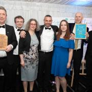 From left: John Morrell, Jake Lawrence, Diane Mitchell, Colin Howe, Leah Bridges and David Scott from The Crown and Castle with Nathan Doe (sponsor - John Doe Carpets & Furniture)