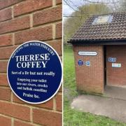 The blue plaque in 'honour' of Therese Coffey that has been placed on public toilets in Woodbridge
