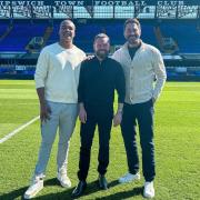 Suffolk's British heavyweight champion Fabio Wardley, left, was pictured with his promoter Eddie Hearn and Ipswich Town CEO Mark Ashton at Portman Road today