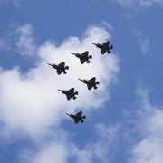 F-35B Lightning II jets during a rehearsal for the official coronation flypast