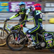 Jason Doyle, left, and Emil Sayfutdinov celebrate their heat 15 victory which clinched the meeting for the Ipswich Witches