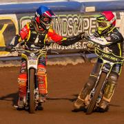 Dan Thompson, left, celebrating a good ride with Ipswich Witches team-mate Danyon Hume