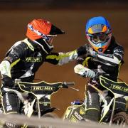Danny King and Keynan Rew celebrate a 5-1 as the Ipswich Witches beat Sheffield Tigers at Foxhall in the Premiership Grand Final first leg tonight