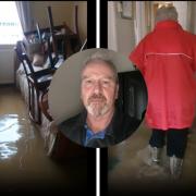 The home of Margaret Cowey, 86, in Needham Market flooded during Storm Babet. Inset: Graeme Cowey