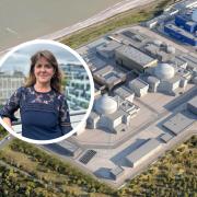 Julia Pyke and a CGI of the Sizewell C plant near Leiston