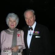 Lilias and husband Capt Robin Sheepshanks CBE at a party following her investiture as an OBE. 2001