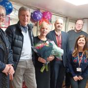 Rita Kerridge celebrating her retirement with Wickham Market Post Office colleagues