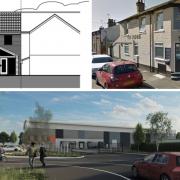 Clockwise: plans for a front extension on Lindsey Way; the Crown Pub; a 3D image of the planned entrance to Gateway 14