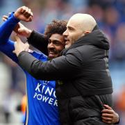 Leicester City boss Enzo Maresca and star man Hamza Choudhury celebrate yesterday. The Foxes could be promoted on Tuesday night