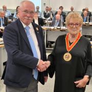 Liz Harsant received the chain of office from outgoing chairman Keith Robinson.