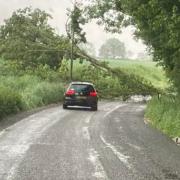 A road near Rattlesden is blocked by a fallen tree