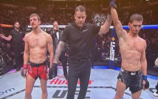 Movsar Evloev has his hand raised after beating Suffolk's Arnold Allen at UFC 297